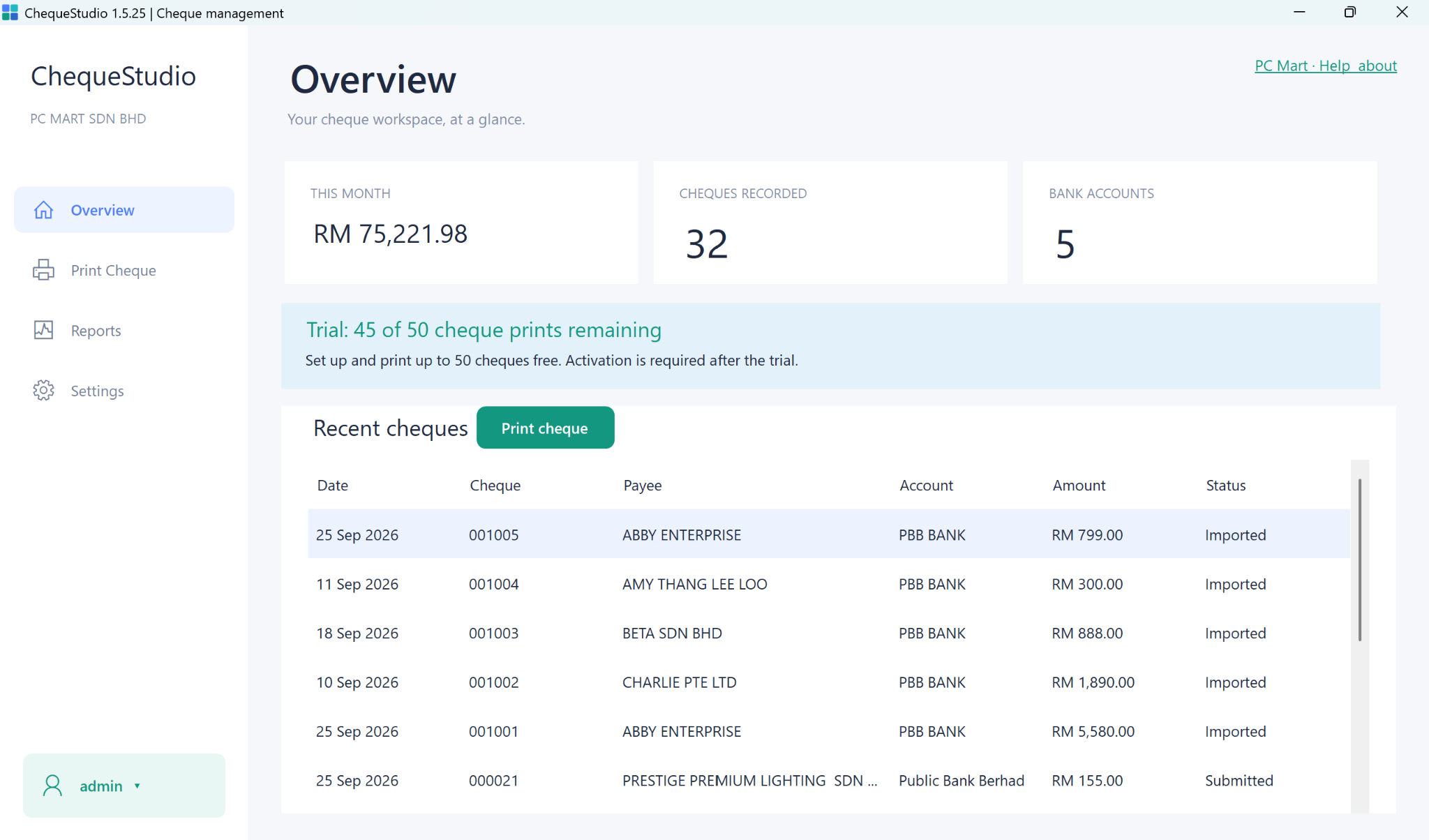 ChequeStudio Overview screen. Review recent cheques, recorded amounts and bank accounts from the Overview dashboard.