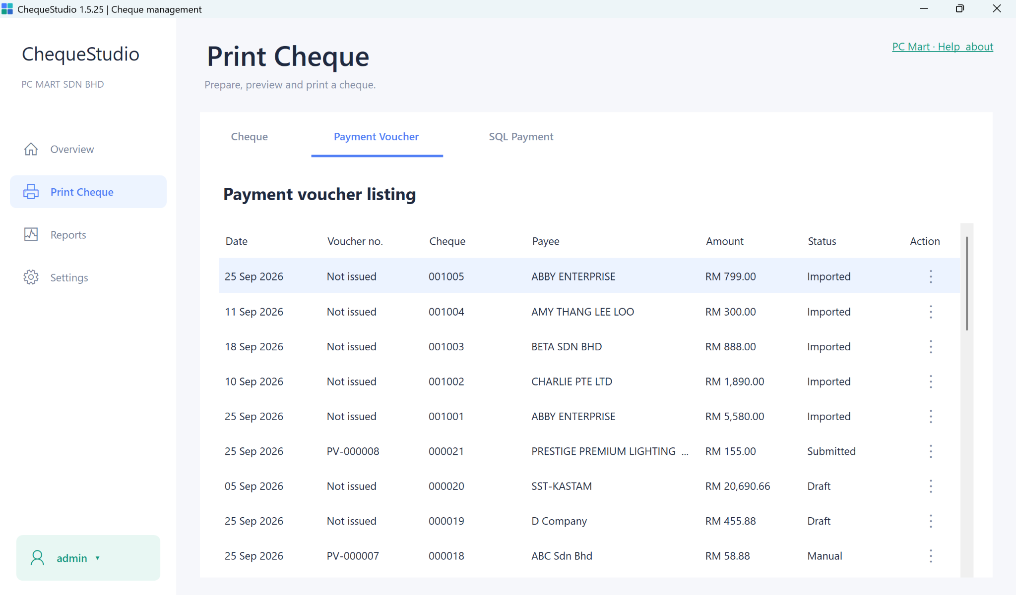 ChequeStudio Payment vouchers screen. View voucher numbers, payees, cheque references, amounts and statuses in one listing.
