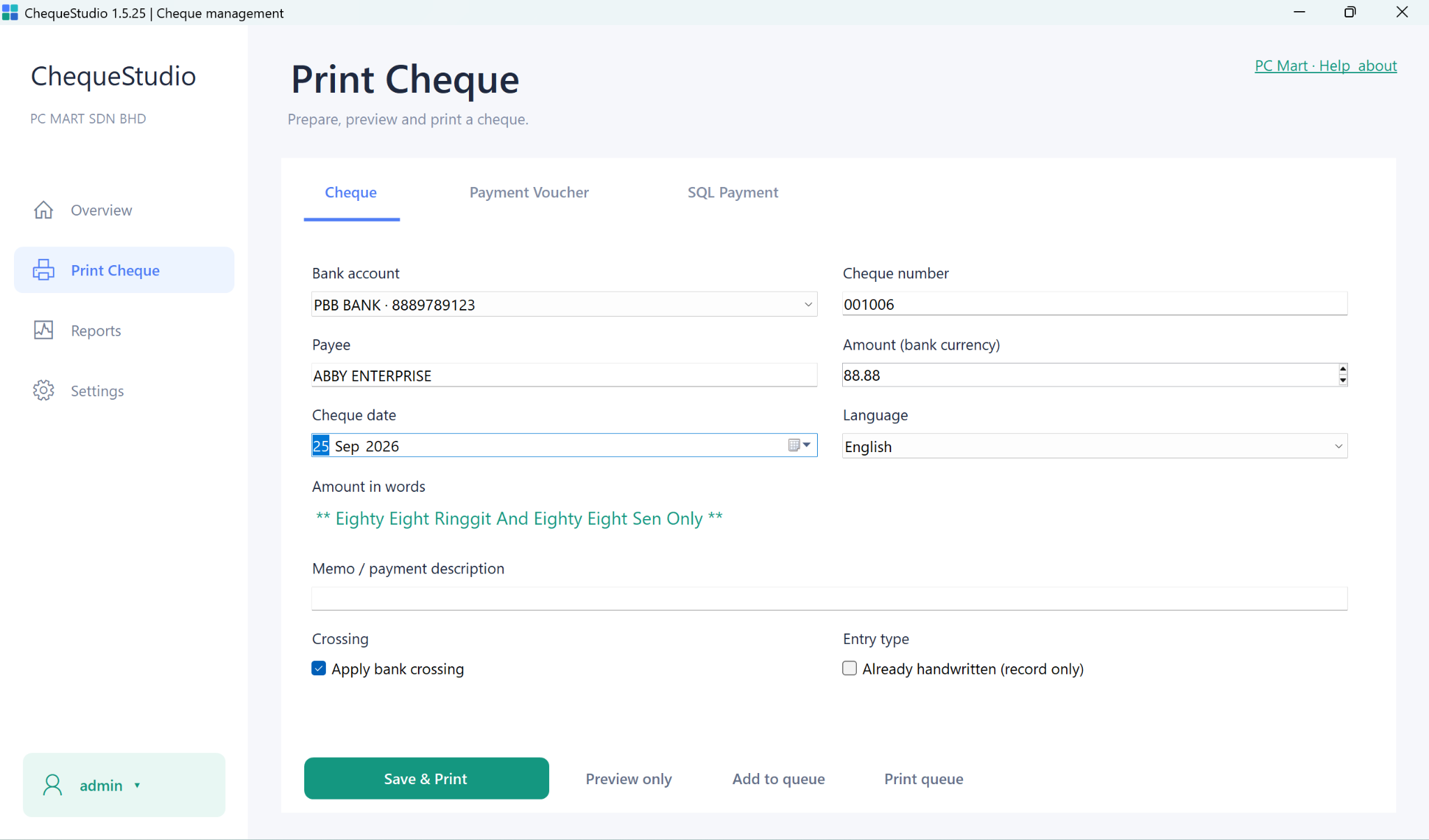 ChequeStudio Print Cheque screen. Enter cheque details, preview before printing, or organise your work with the print queue.