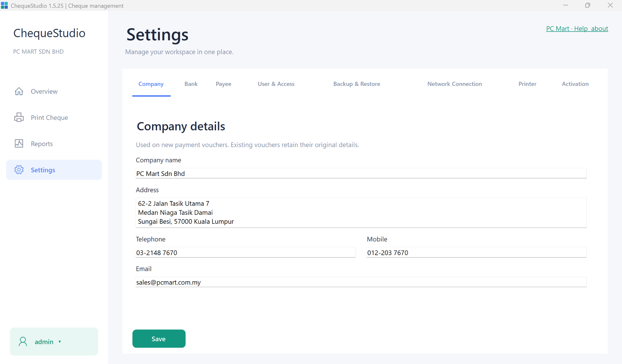 ChequeStudio Settings screen. Manage company details, bank accounts, payees, user access, backups and printer settings.